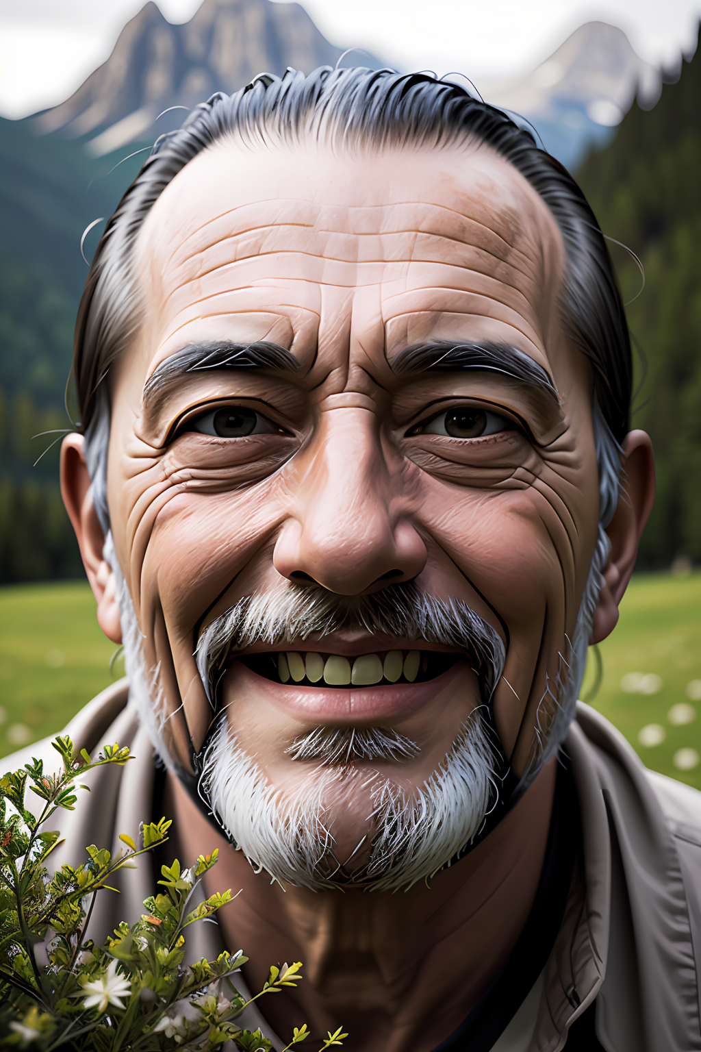 11864-4036790735-old alpine famers head being overgrown by edelweiss, smiling, dolomites in background, dark, eerie, despair, portrait photograph.png